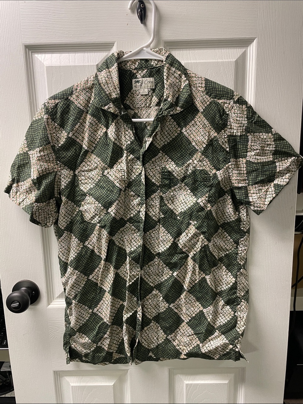 J. Crew Short-Sleeve Button-Up Shirt in Green and Cream Pattern